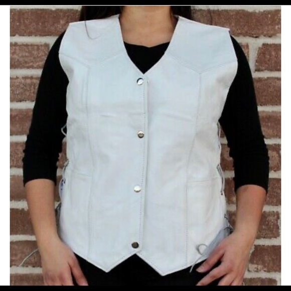 Ladies Braided Side Laces Motorcycle White Leather Concealed Carry Vest - Picture 2 of 5